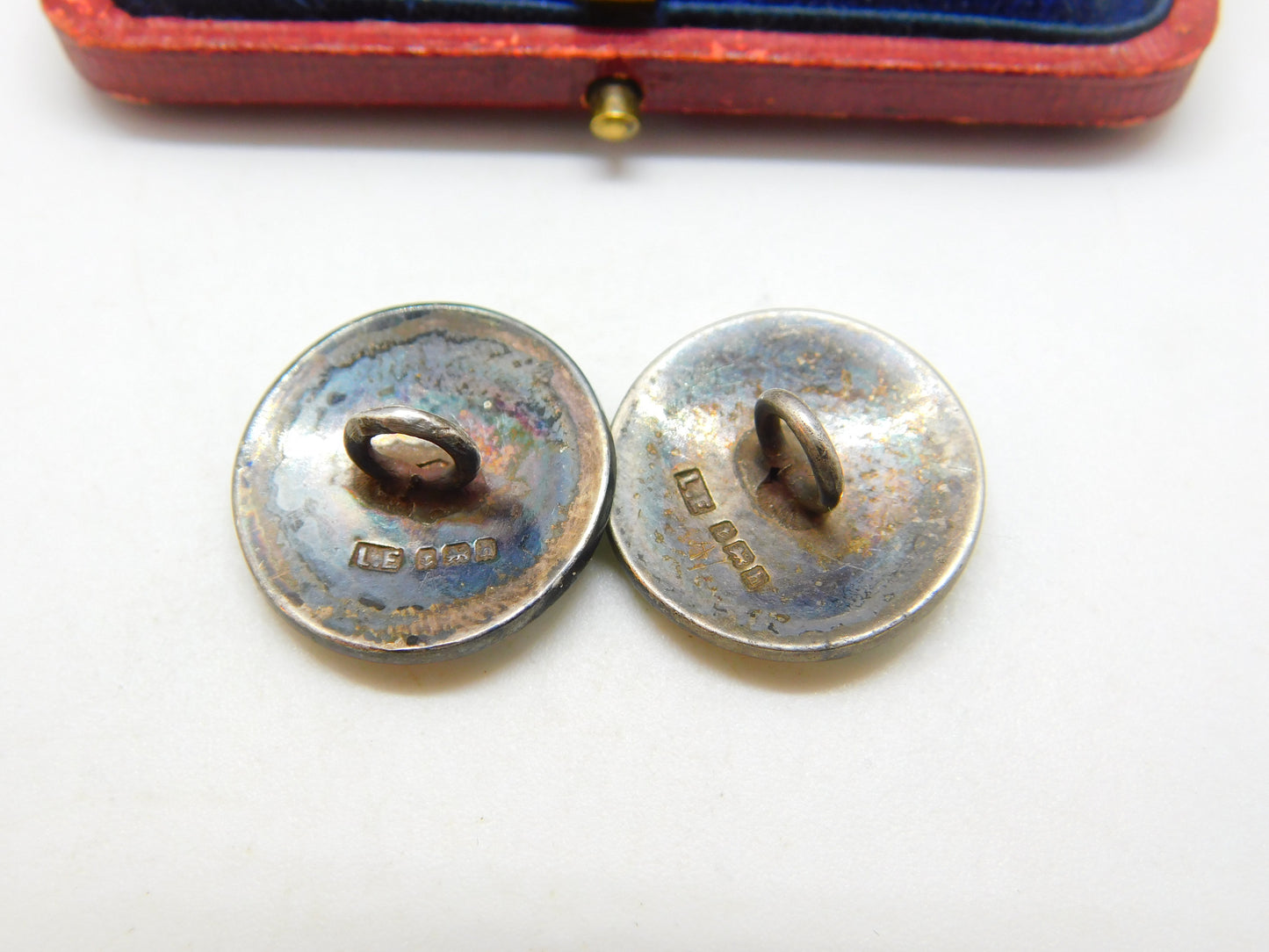 Edwardian Pair of Sterling Silver & Forget-Me-Not Enamel Buttons Antique 1907