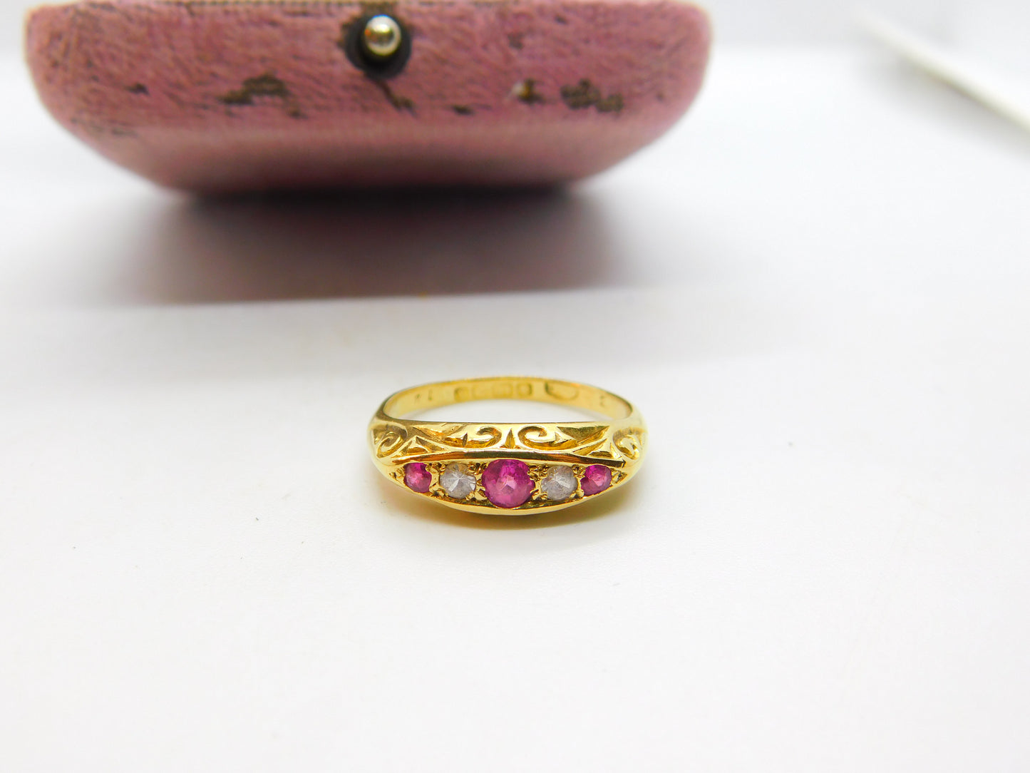 Victorian 18ct Yellow Gold, Ruby & White Spinel Boat Ring 1872 Antique