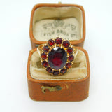 9ct Yellow Gold Bohemian Garnet Set Floral Cluster Ring Antique c1940 Art Deco