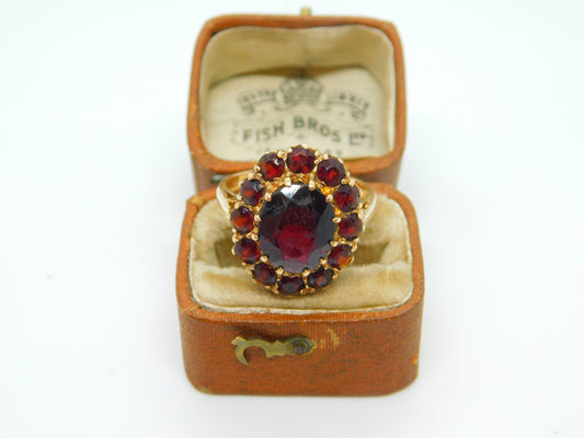 9ct Yellow Gold Bohemian Garnet Set Floral Cluster Ring Antique c1940 Art Deco