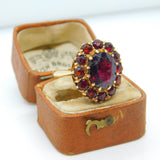 9ct Yellow Gold Bohemian Garnet Set Floral Cluster Ring Antique c1940 Art Deco