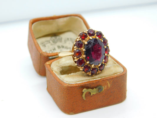 9ct Yellow Gold Bohemian Garnet Set Floral Cluster Ring Antique c1940 Art Deco