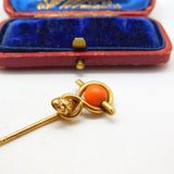 Victorian 15ct Yellow Gold & Coral Snake Serpent Stick Pin Antique c1880