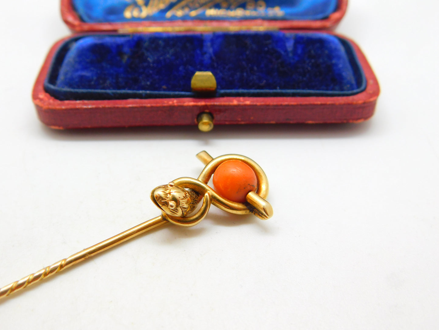 Victorian 15ct Yellow Gold & Coral Snake Serpent Stick Pin Antique c1880