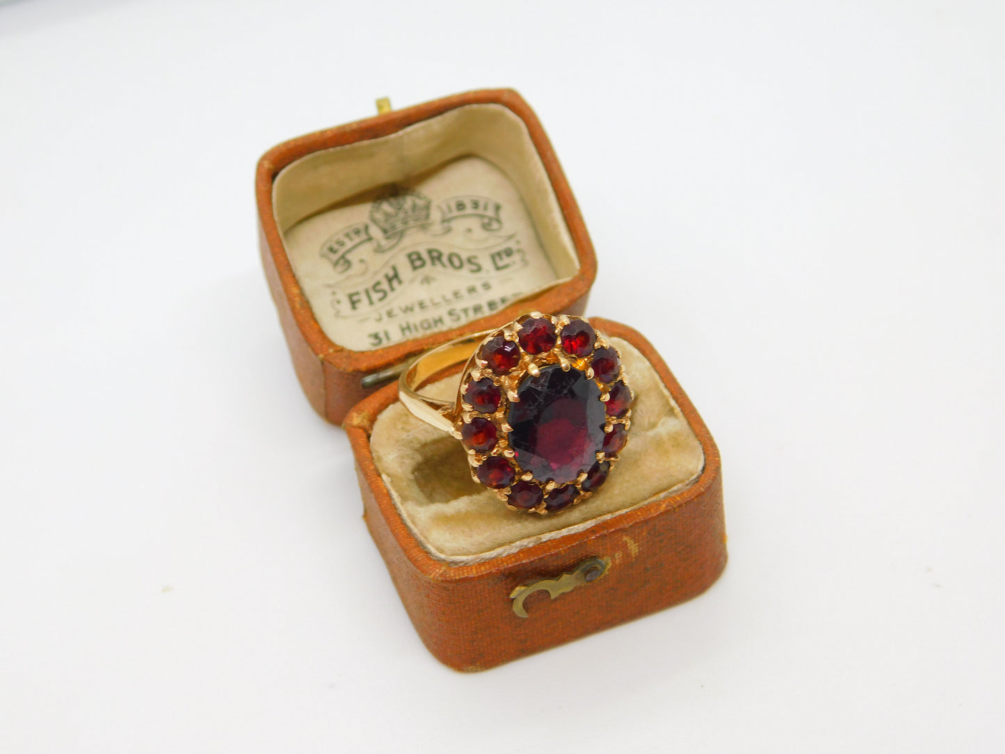 9ct Yellow Gold Bohemian Garnet Set Floral Cluster Ring Antique c1940 Art Deco