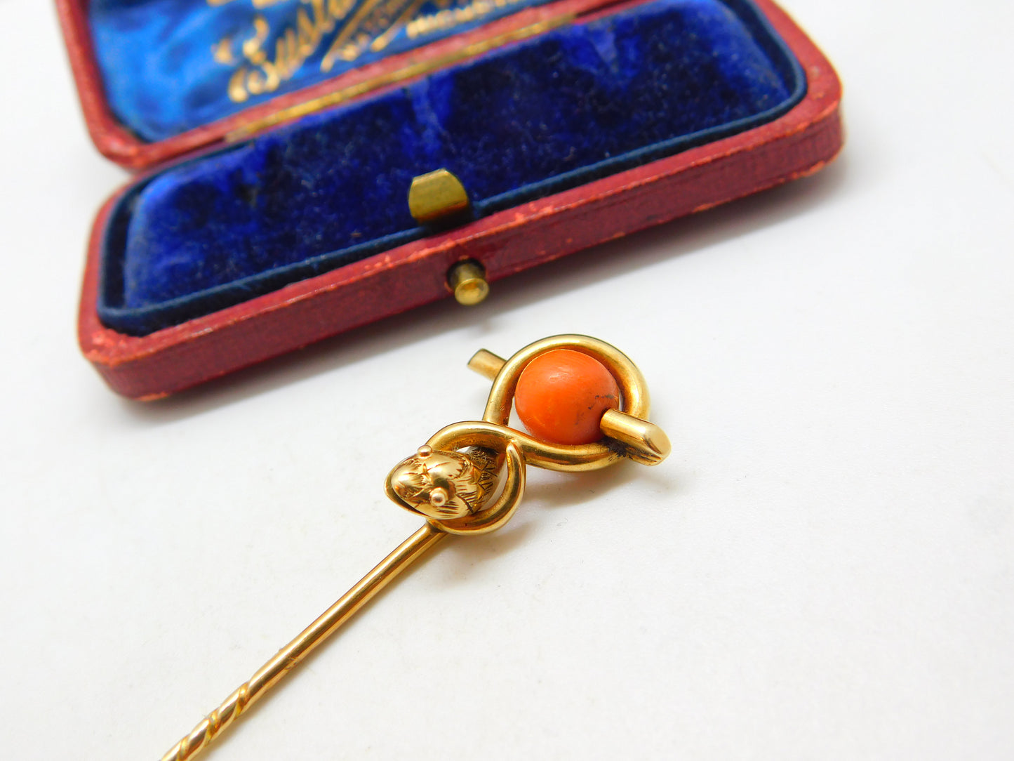 Victorian 15ct Yellow Gold & Coral Snake Serpent Stick Pin Antique c1880