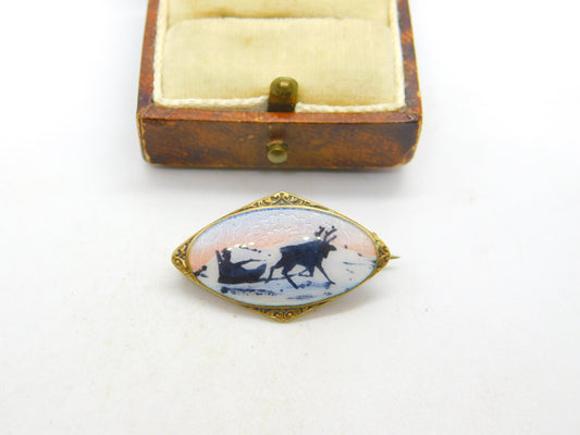 Norwegian Sterling Silver Gilt Guilloche Enamel Reindeer Brooch Antique c1940