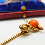 Victorian 15ct Yellow Gold & Coral Snake Serpent Stick Pin Antique c1880