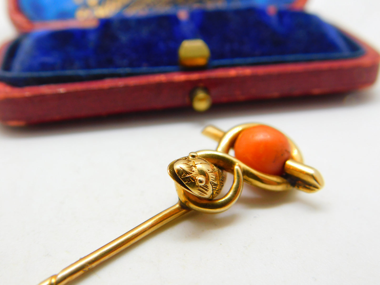 Victorian 15ct Yellow Gold & Coral Snake Serpent Stick Pin Antique c1880