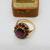9ct Yellow Gold Bohemian Garnet Set Floral Cluster Ring Antique c1940 Art Deco