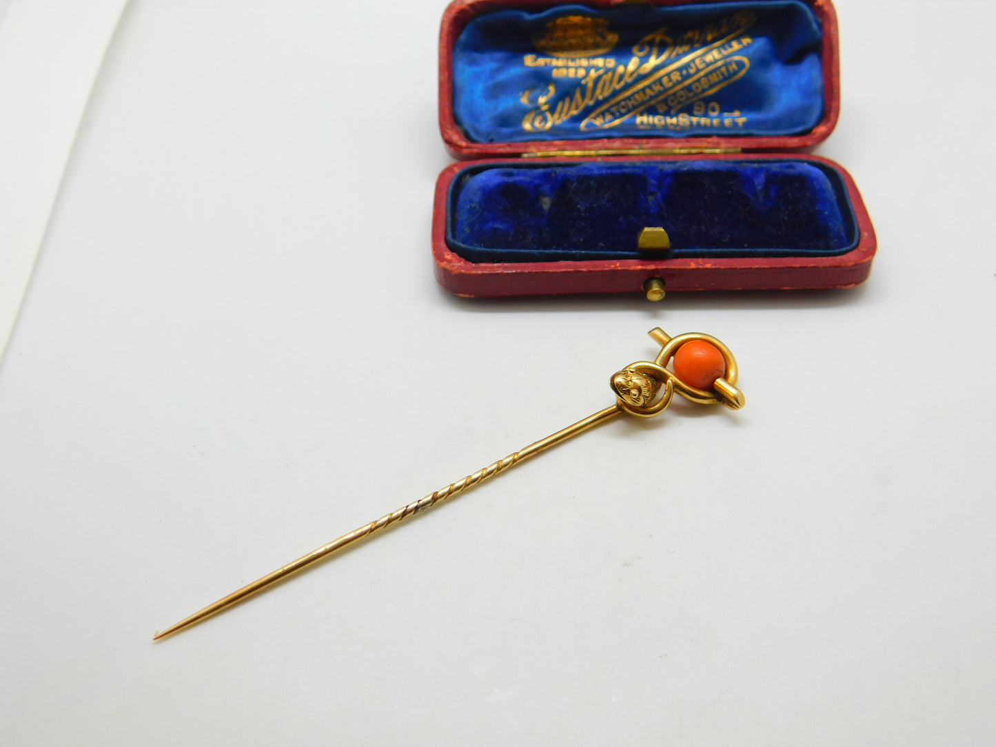 Victorian 15ct Yellow Gold & Coral Snake Serpent Stick Pin Antique c1880