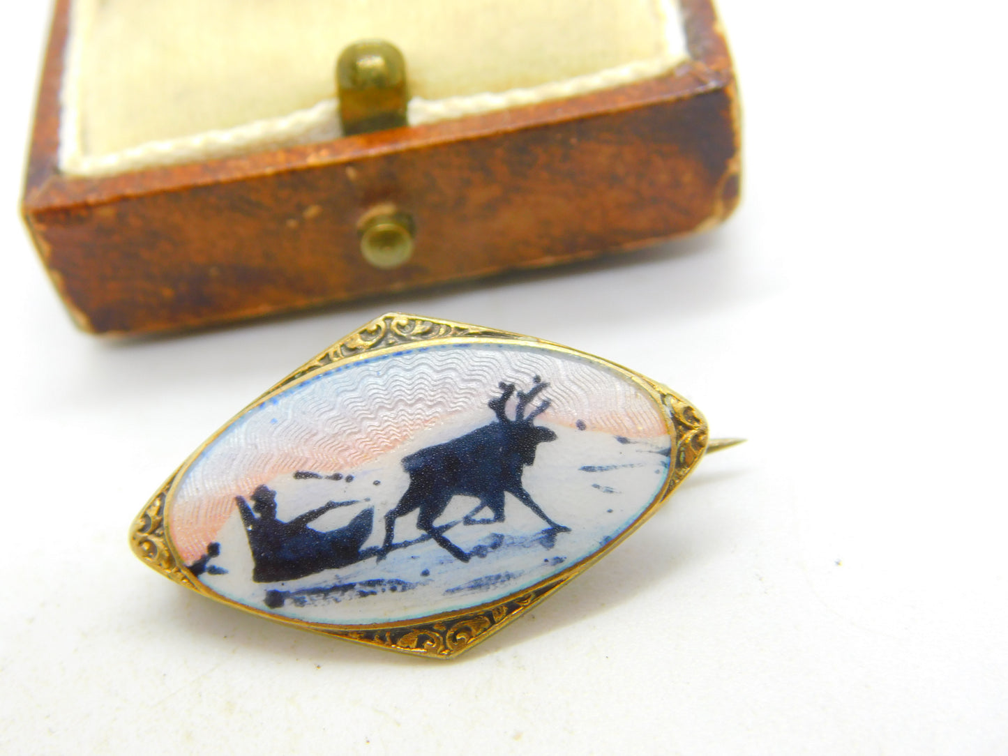 Norwegian Sterling Silver Gilt Guilloche Enamel Reindeer Brooch Antique c1940