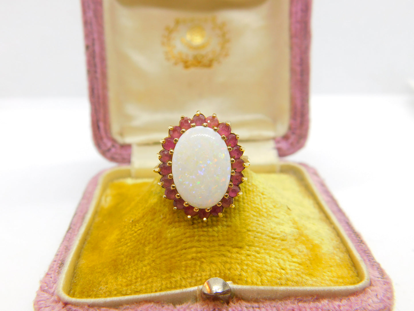 9ct Yellow Gold Large Opal & Natural Ruby Floral Cluster Ring 1987 Birmingham