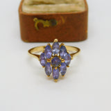 9ct Yellow Gold & Amethyst Set Floral Cluster Ring Vintage c1990 Birmingham
