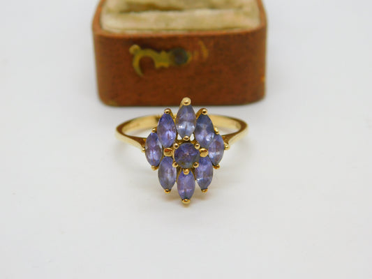 9ct Yellow Gold & Amethyst Set Floral Cluster Ring Vintage c1990 Birmingham