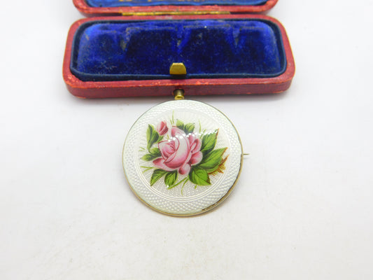 Gold on Sterling Silver Guilloche Rose Flower Enamel Brooch 1912 Birmingham