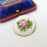 Gold on Sterling Silver Guilloche Rose Flower Enamel Brooch 1912 Birmingham