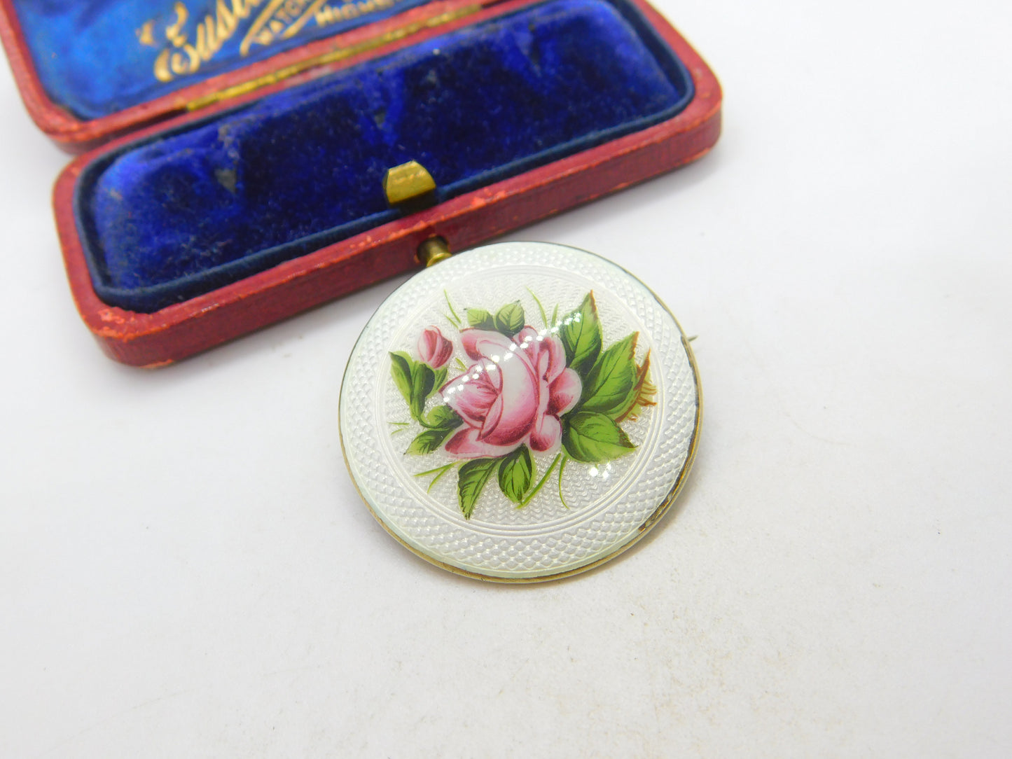 Gold on Sterling Silver Guilloche Rose Flower Enamel Brooch 1912 Birmingham