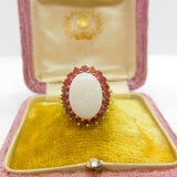 9ct Yellow Gold Large Opal & Natural Ruby Floral Cluster Ring 1987 Birmingham