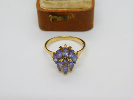 9ct Yellow Gold & Amethyst Set Floral Cluster Ring Vintage c1990 Birmingham