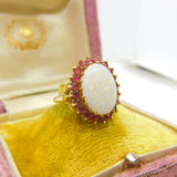9ct Yellow Gold Large Opal & Natural Ruby Floral Cluster Ring 1987 Birmingham