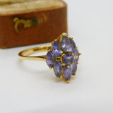 9ct Yellow Gold & Amethyst Set Floral Cluster Ring Vintage c1990 Birmingham