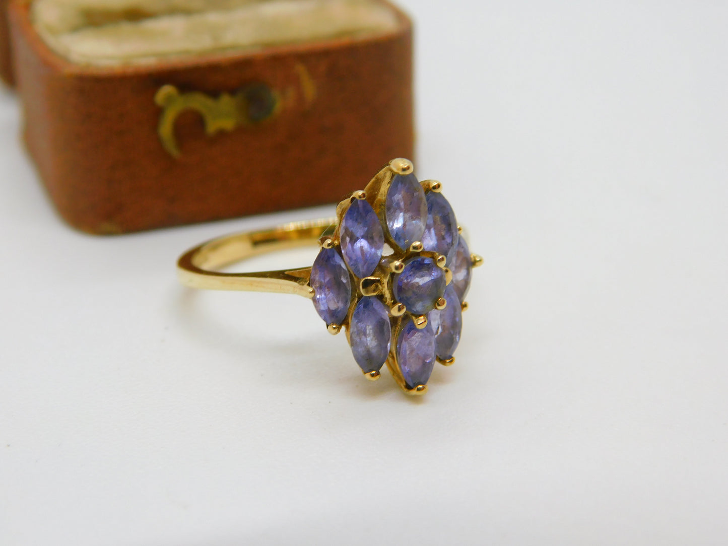 9ct Yellow Gold & Amethyst Set Floral Cluster Ring Vintage c1990 Birmingham