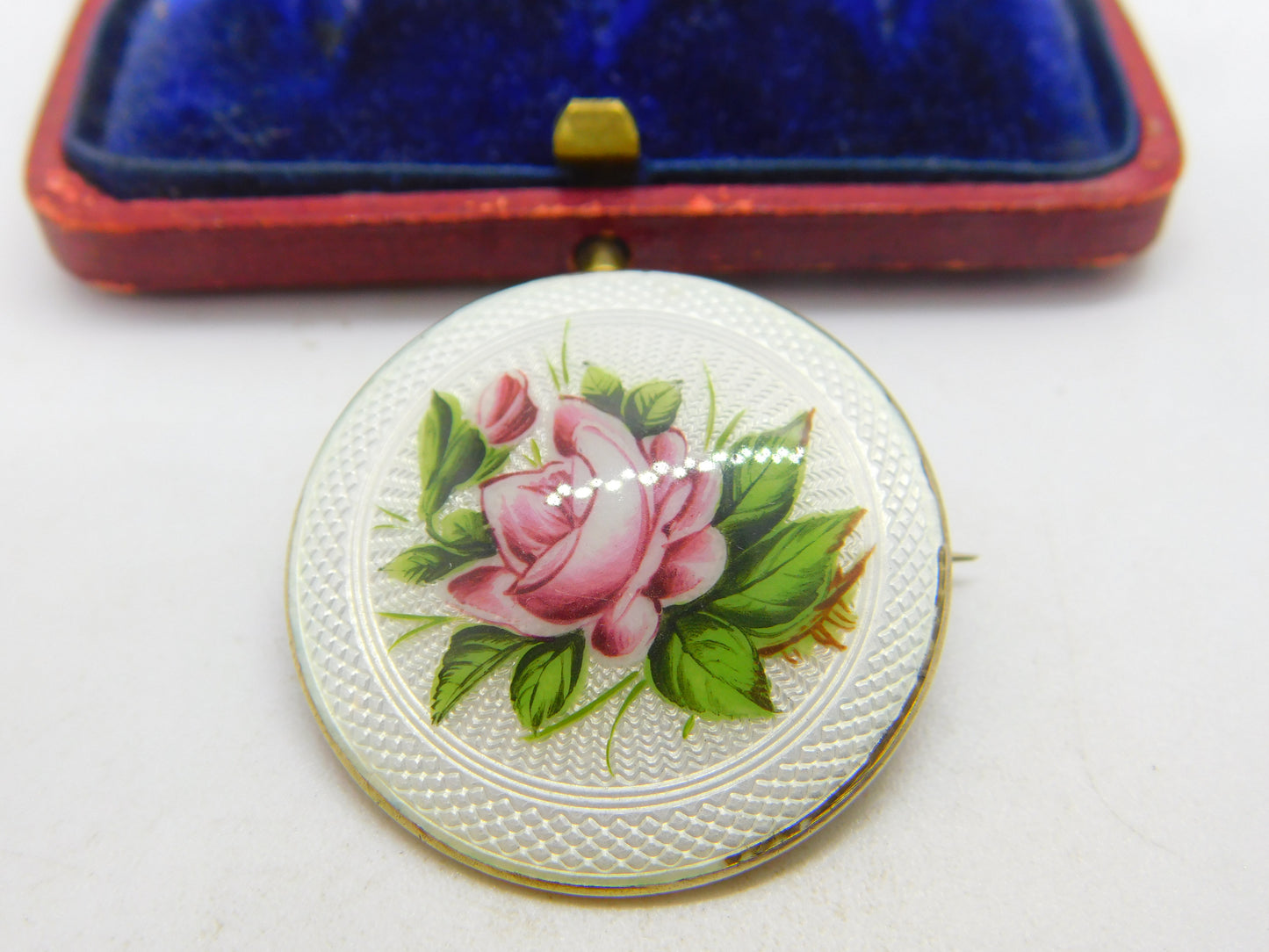 Gold on Sterling Silver Guilloche Rose Flower Enamel Brooch 1912 Birmingham