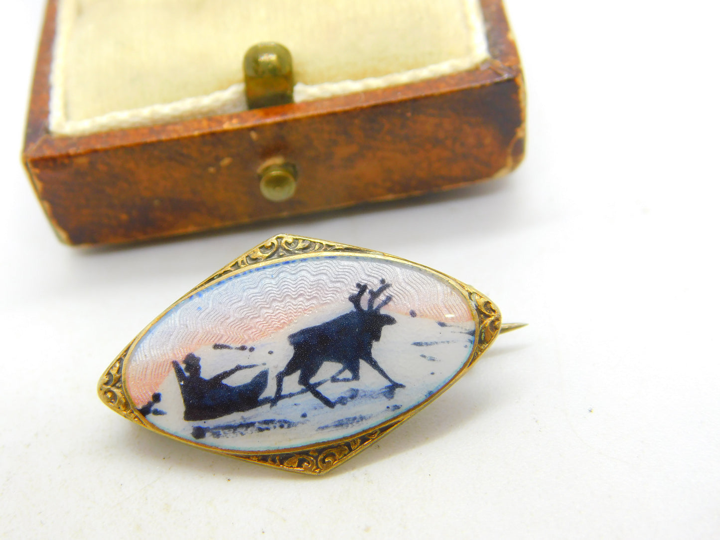 Norwegian Sterling Silver Gilt Guilloche Enamel Reindeer Brooch Antique c1940