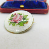 Gold on Sterling Silver Guilloche Rose Flower Enamel Brooch 1912 Birmingham