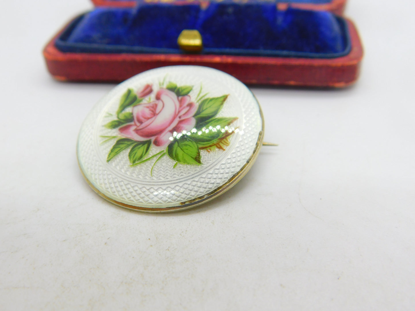 Gold on Sterling Silver Guilloche Rose Flower Enamel Brooch 1912 Birmingham