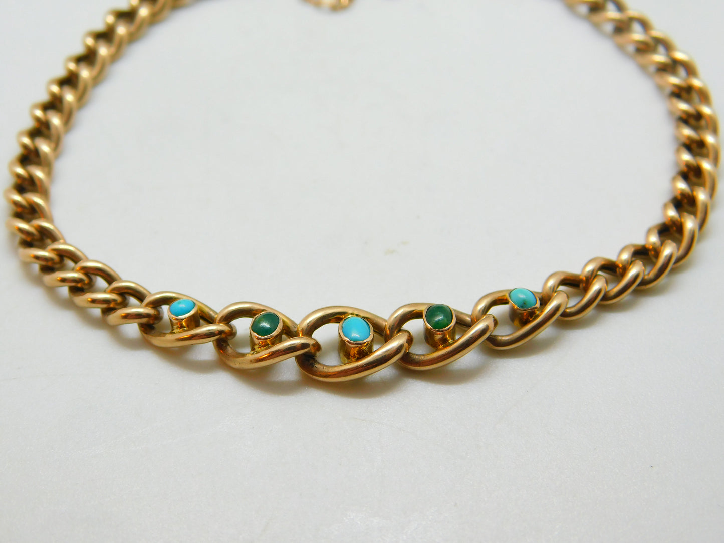 Victorian 9ct Rose Gold & Five-Stone Turquoise Curb Bracelet Antique c1890