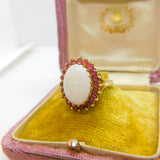 9ct Yellow Gold Large Opal & Natural Ruby Floral Cluster Ring 1987 Birmingham