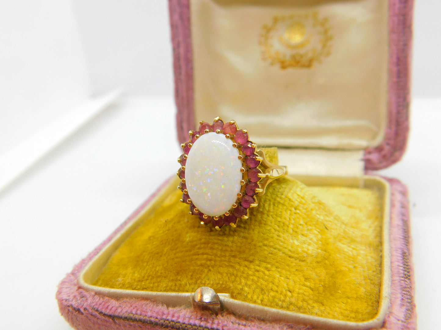 9ct Yellow Gold Large Opal & Natural Ruby Floral Cluster Ring 1987 Birmingham