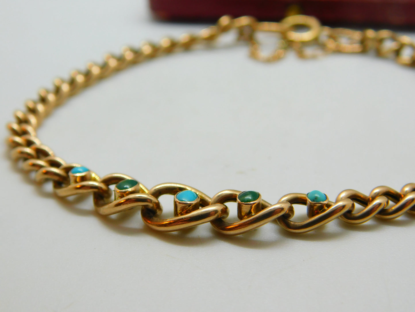 Victorian 9ct Rose Gold & Five-Stone Turquoise Curb Bracelet Antique c1890