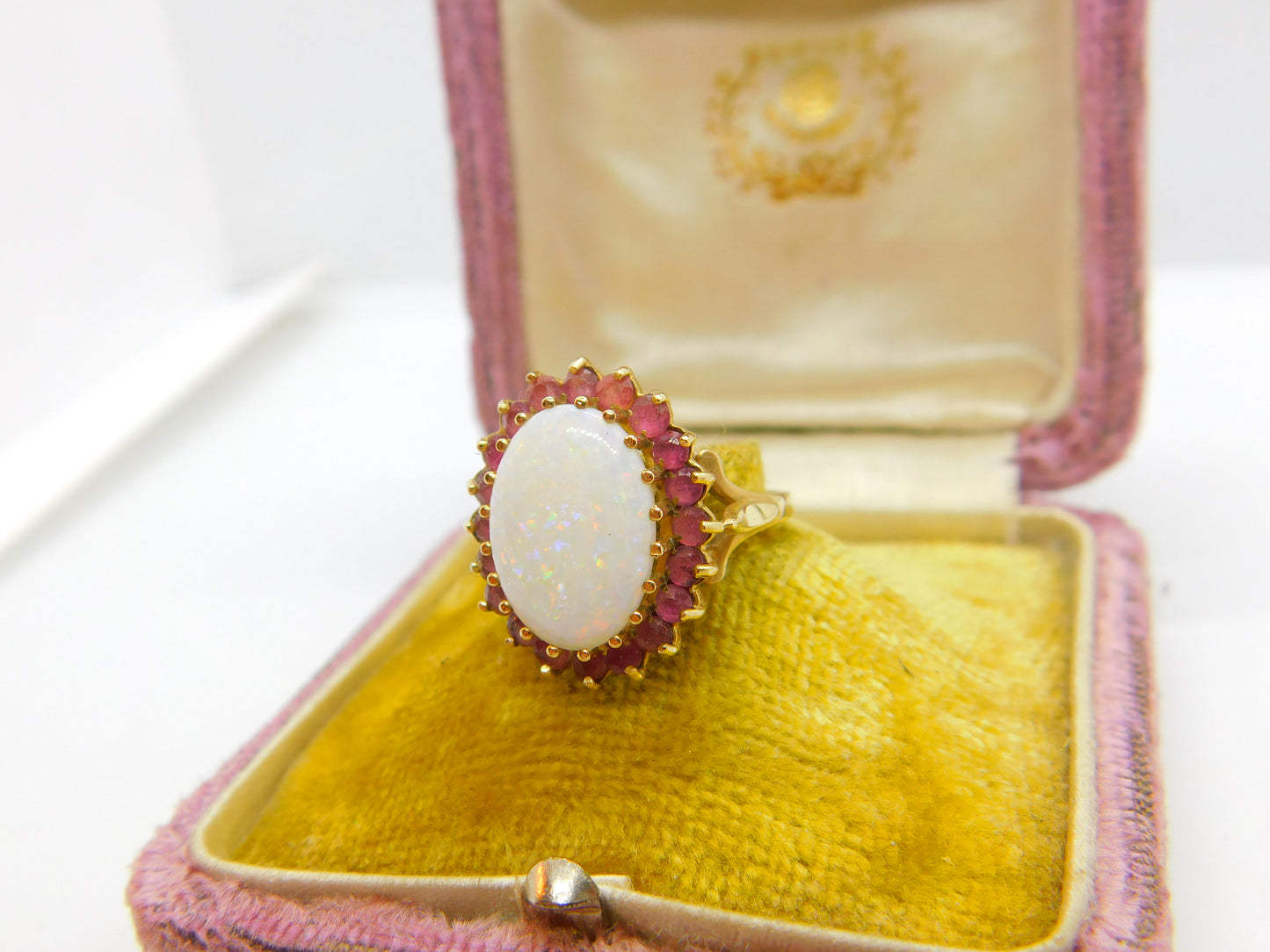 9ct Yellow Gold Large Opal & Natural Ruby Floral Cluster Ring 1987 Birmingham