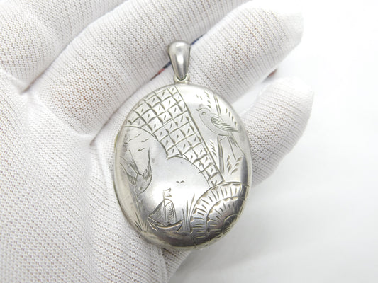 Victorian Aesthetic Movement Sterling Silver Swallow Locket Antique c1880