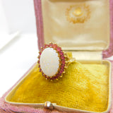 9ct Yellow Gold Large Opal & Natural Ruby Floral Cluster Ring 1987 Birmingham