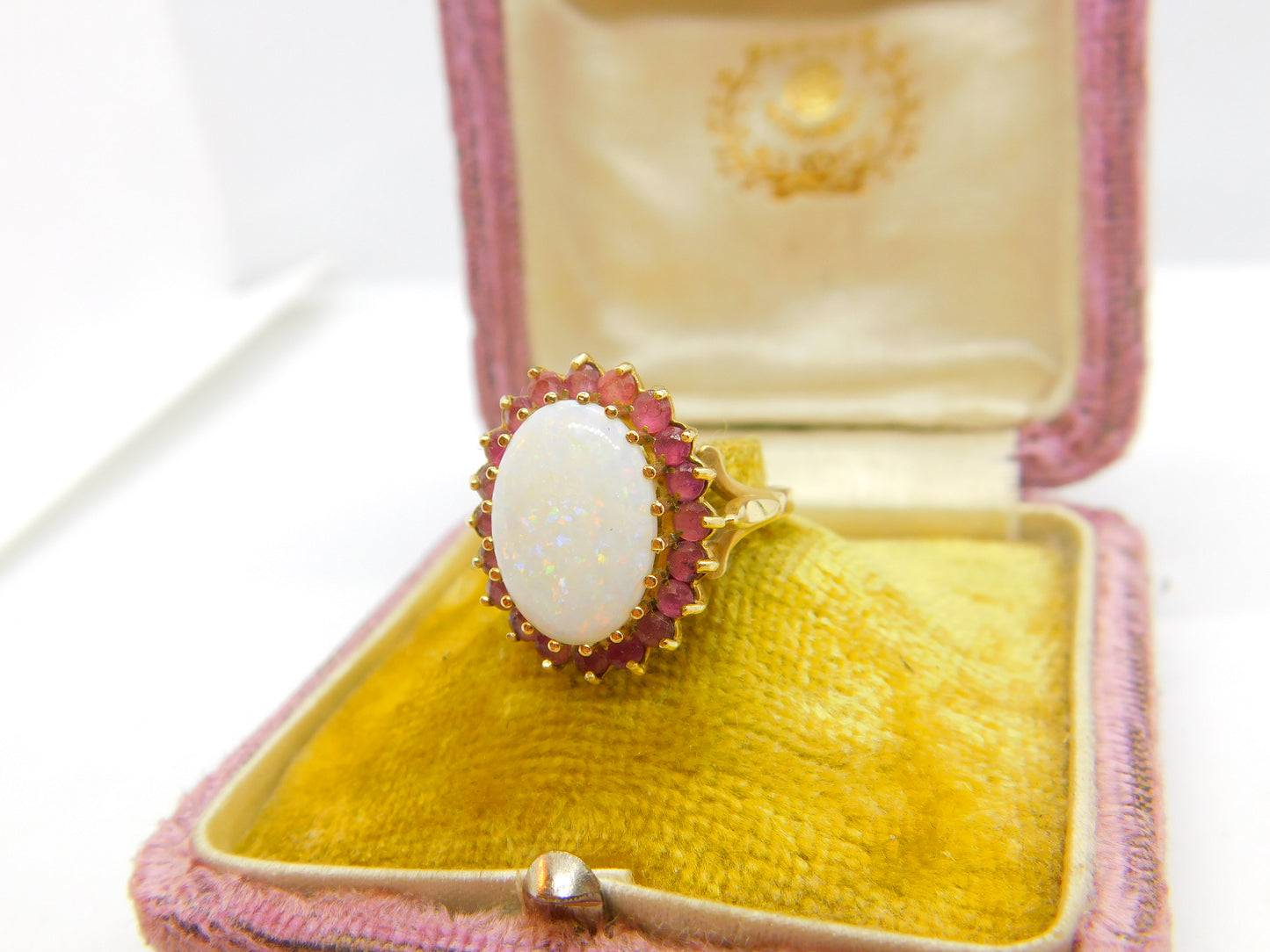 9ct Yellow Gold Large Opal & Natural Ruby Floral Cluster Ring 1987 Birmingham