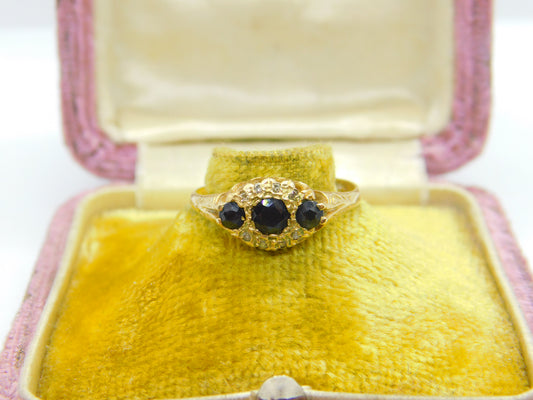 9ct Yellow Gold, Sapphire & Diamond Boat Ring Vintage c1970 Size P UK