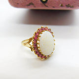 9ct Yellow Gold Large Opal & Natural Ruby Floral Cluster Ring 1987 Birmingham