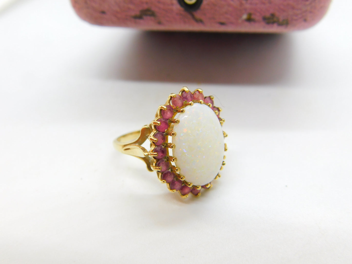 9ct Yellow Gold Large Opal & Natural Ruby Floral Cluster Ring 1987 Birmingham