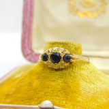 9ct Yellow Gold, Sapphire & Diamond Boat Ring Vintage c1970 Size P UK