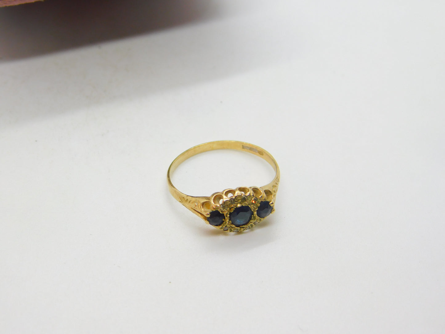 9ct Yellow Gold, Sapphire & Diamond Boat Ring Vintage c1970 Size P UK