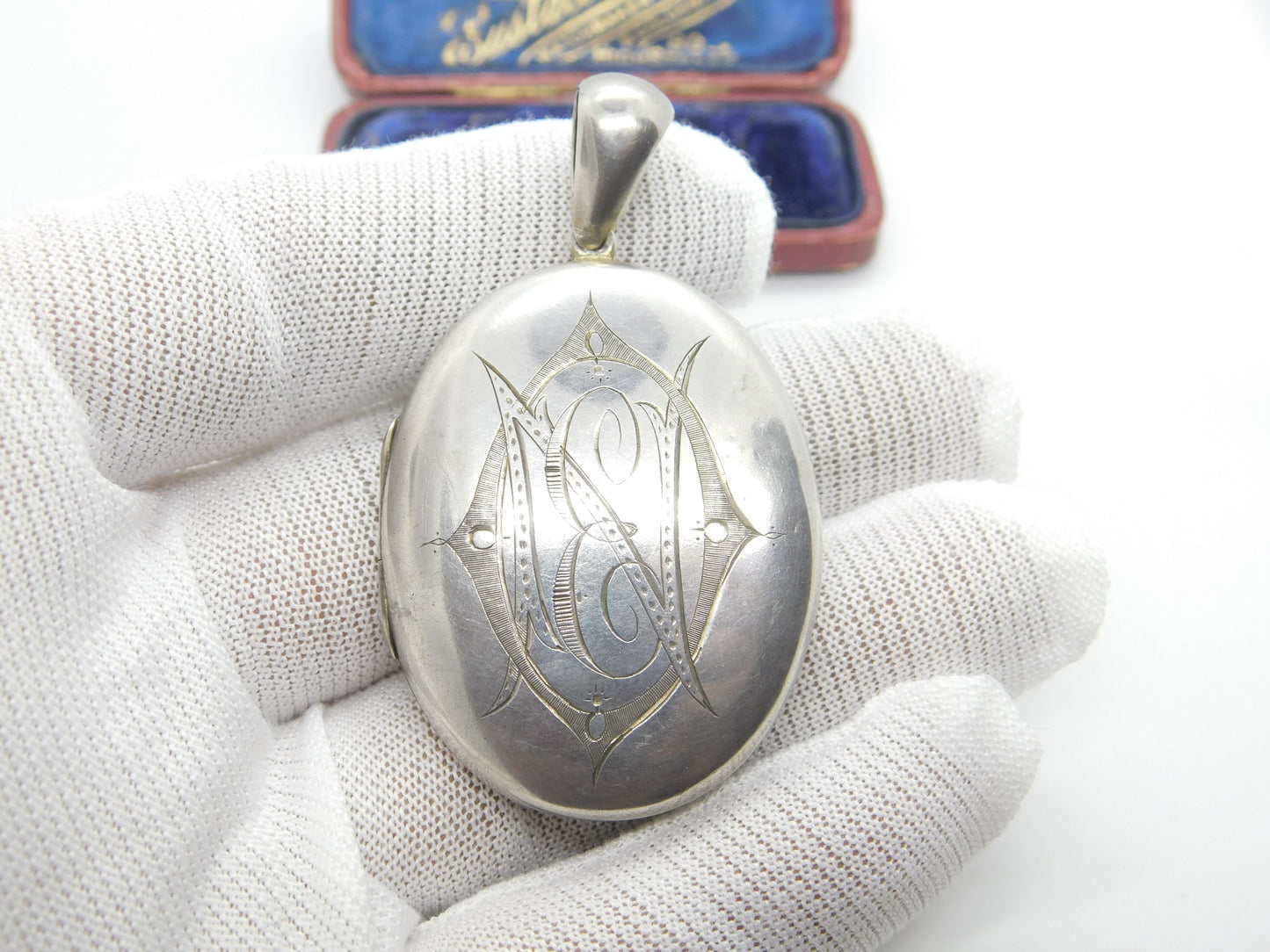 Large Victorian Sterling Silver 'E' Initial Monogram Floral Locket Antique c1880