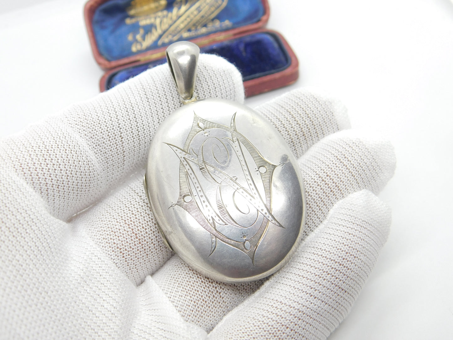 Large Victorian Sterling Silver 'E' Initial Monogram Floral Locket Antique c1880