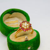 18ct Yellow Gold, Ruby & Diamond Set Floral Cluster Ring Vintage c1970