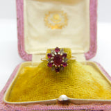 9ct Yellow Gold, Ruby & Diamond Floral Cluster Ring Vintage 1977 London