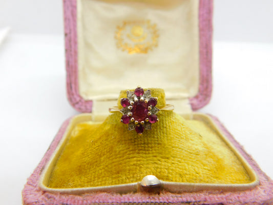 9ct Yellow Gold, Ruby & Diamond Floral Cluster Ring Vintage 1977 London