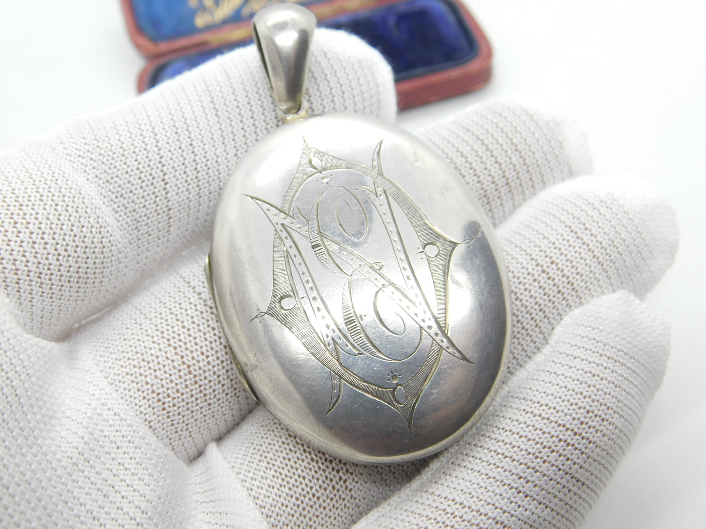 Large Victorian Sterling Silver 'E' Initial Monogram Floral Locket Antique c1880